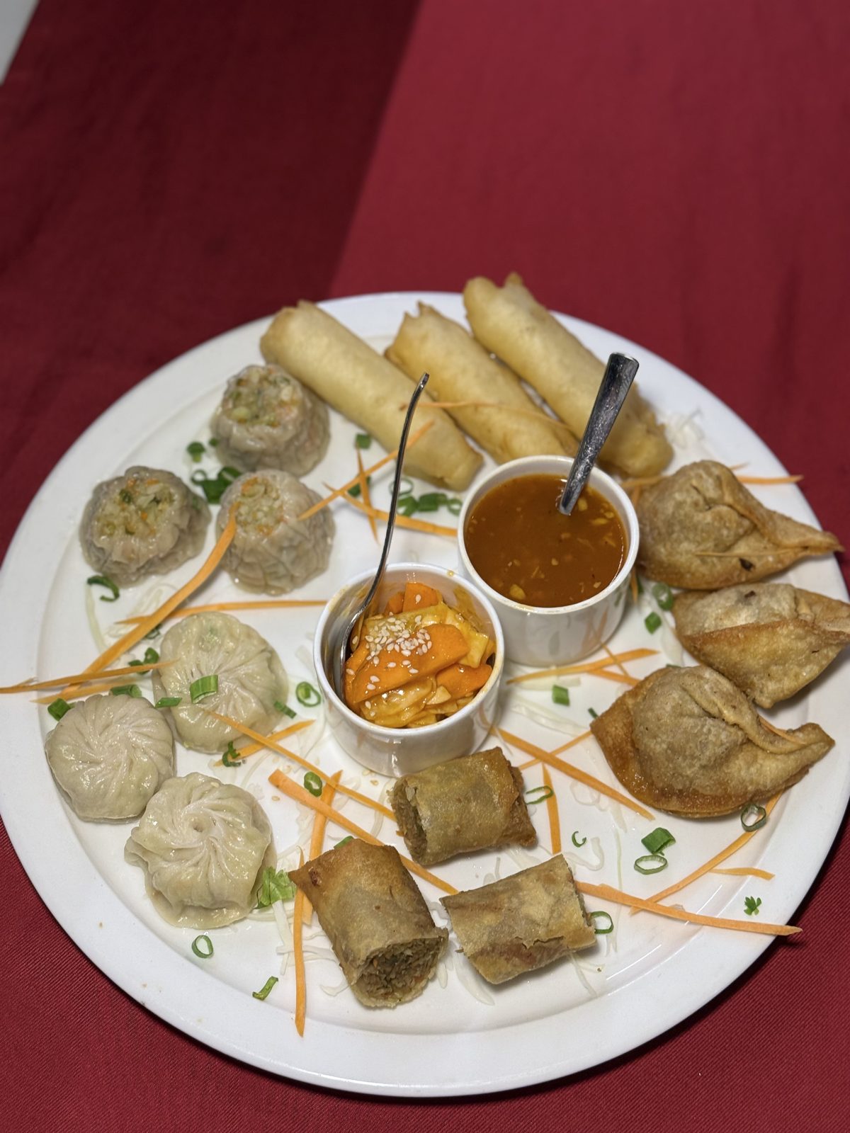 Veg starter platter — spring rolls and dumplings